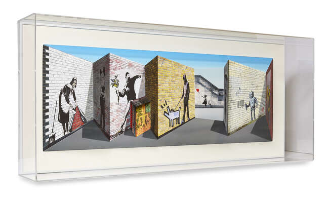 
	
		Patrick Hughes,
		British b.1939-
		 
		Banksy, 2018;
		 
		hand-painted multiple with...