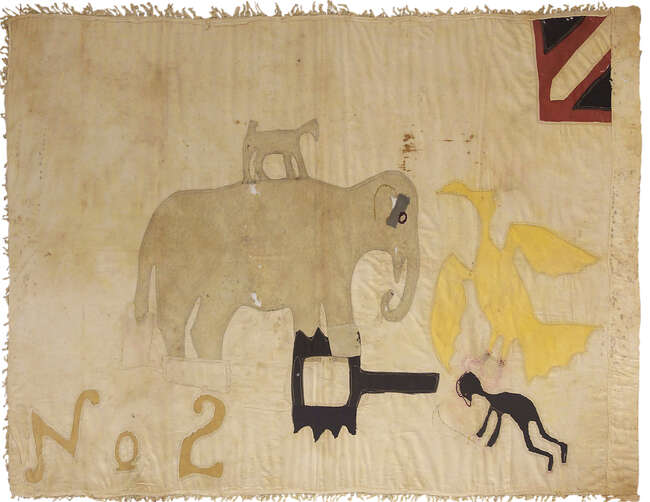 
	
		An African spirit cloth, 20th century, of rectangular form, applied with fringing to...