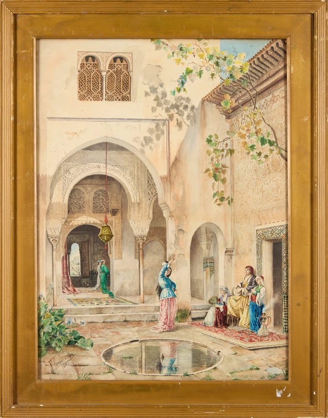Federico Jimenez Fernadez (1841-1931),Courtyard scene, 1881Watercolour on paper, signed and...