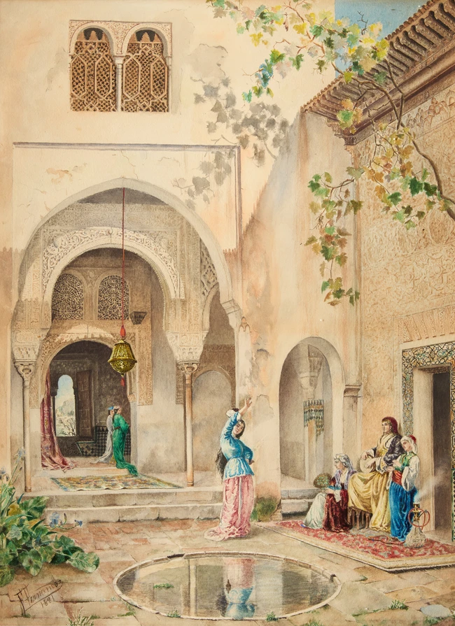 Federico Jimenez Fernadez (1841-1931),Courtyard scene, 1881Watercolour on paper, signed and...