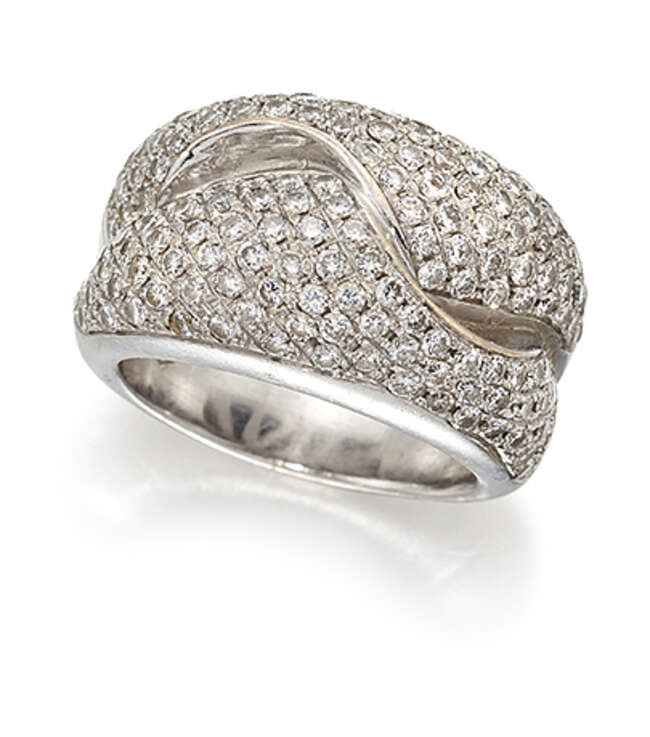 
	
		A pave diamond wave design ring, the interlocking folds of pave-set brilliant-cut...
