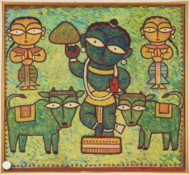 Jamini Roy (Indian 1887-1972),Krishna holding Govardhan flanked by two Gopis, 
tempera on...