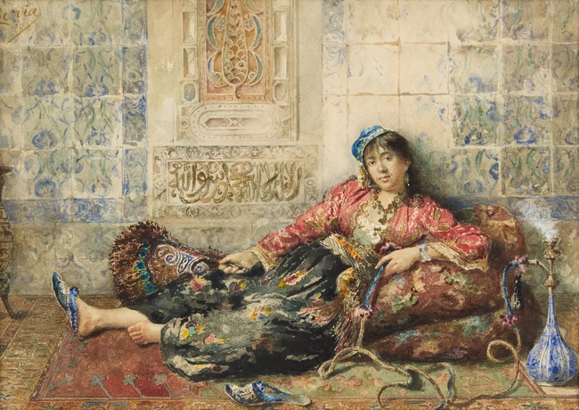 Vincenzo Loria (Italian, 1850-1939),Odalisque, 1880
Watercolour over pencil heightened with gum...