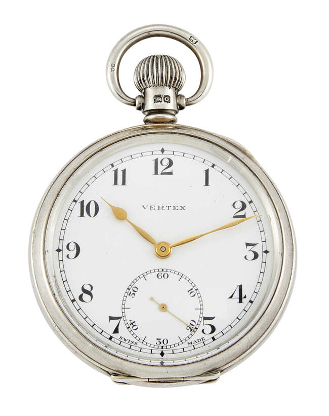 
	
		A silver open-face pocket watch, by Vertex, the white enamel dial with Arabic numerals,...