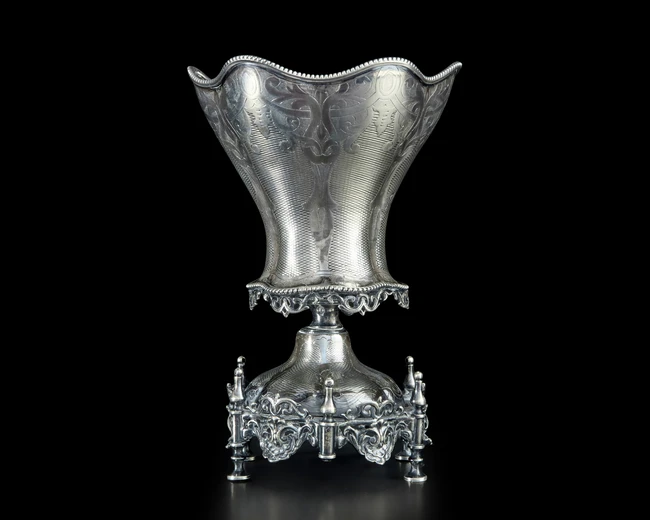 A silver sweet meat pot, Ottoman Turkey, 19th century, 
On six feet with foliated apron, on...