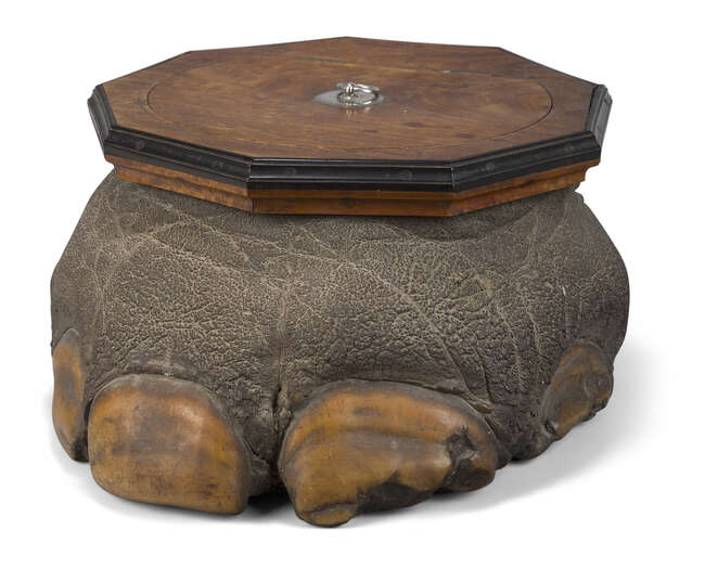 
	
		A Ceylonese satinwood and ebony mounted elephant foot box, late 19th/early 20th century,...