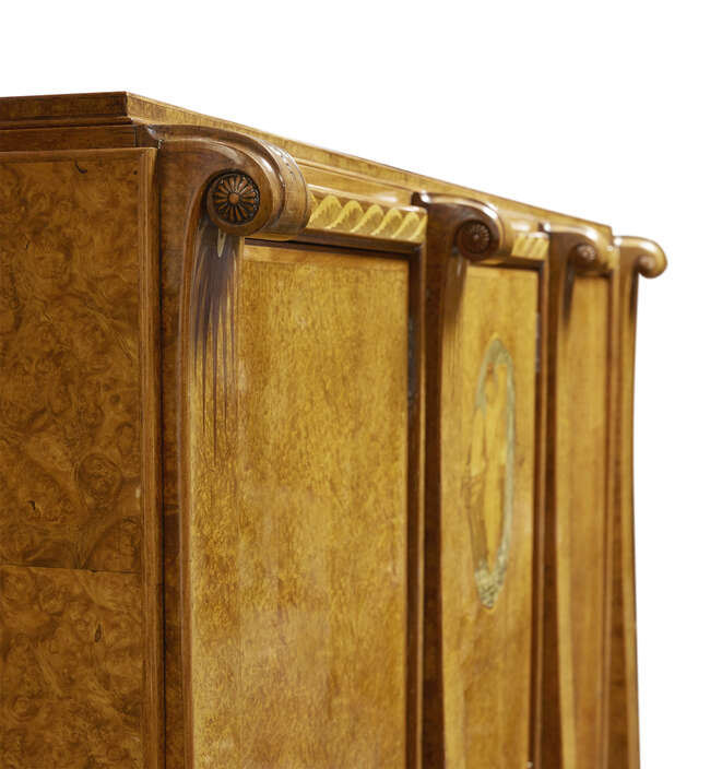 
	
		Paul Follot (1877-1941) Attributed, an Art Deco burr walnut and marquetry bedroom suite...