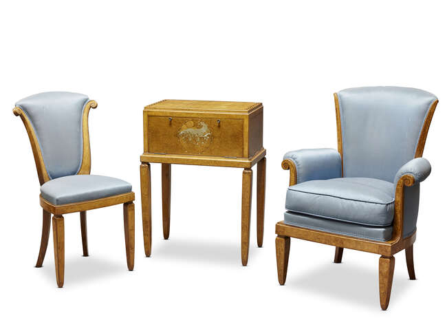 
	
		Paul Follot (1877-1941) Attributed, an Art Deco burr walnut and marquetry bedroom suite...