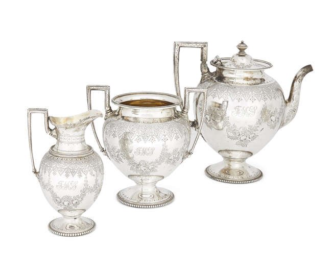 
	
		A three-piece silver tea set, London, c.1868, Goldsmiths Alliance Ltd. (Samuel Smily),...