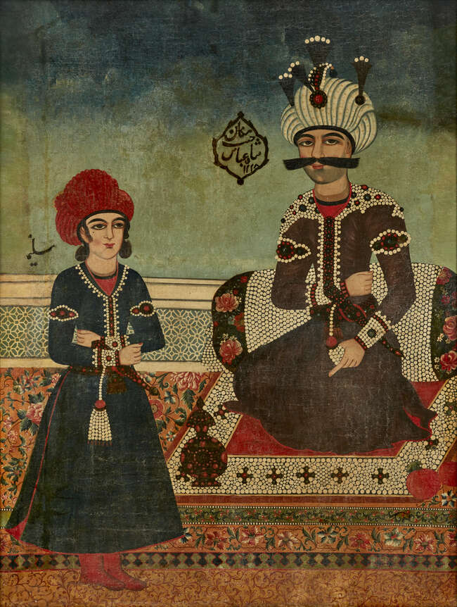 
	
		A seated portrait of Shah &#39;Abbasi, Qajar Iran, dated 1228AH/1813-14AD, oil on canvas, the...