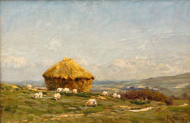 
	
		Jose Weiss, British 1859-1919- "Sheep by a Haystack nr Arundel"; oil on panel, signed,...