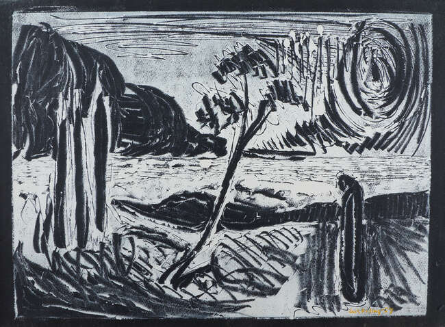 
	
		Jack Friling, Norwegian b.1927- Landscape with a tree and standing figure, 1957; monoprint on...