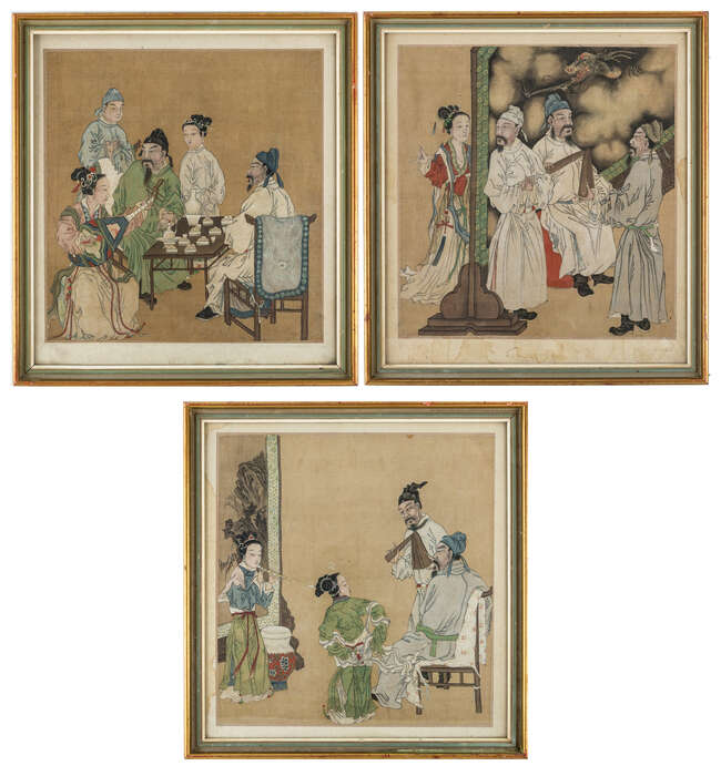 
	
		Three Chinese figurative paintings, 19th century, ink and colour on silk, depicting...