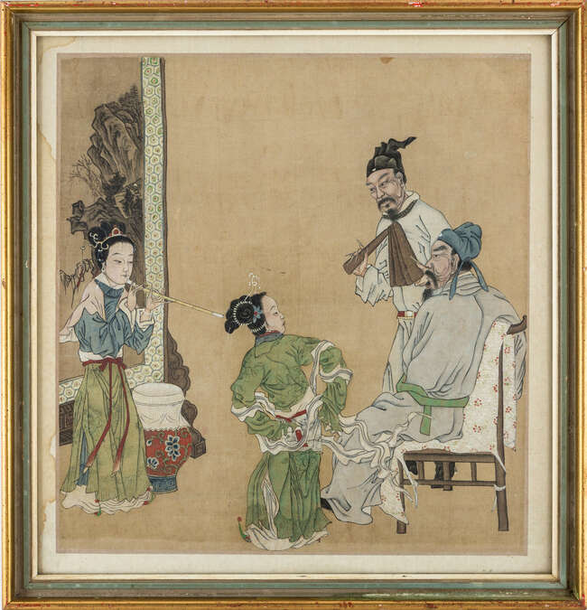 
	
		Three Chinese figurative paintings, 19th century, ink and colour on silk, depicting...