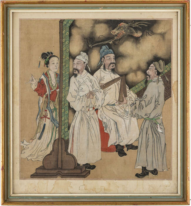 
	
		Three Chinese figurative paintings, 19th century, ink and colour on silk, depicting...