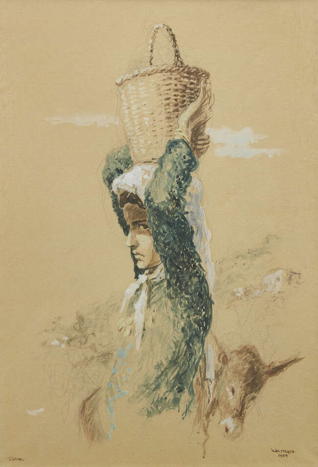 
	
		William Weintraub, American b.1926- Girl with basket on her head, Israel, 1958; watercolour,...