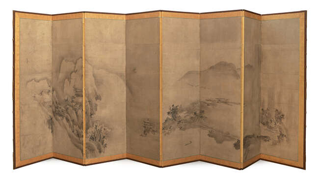 A Pair of Japanese Eight-Panel Screens, After Sesson Shukei, 17th century, ink on paper, each...