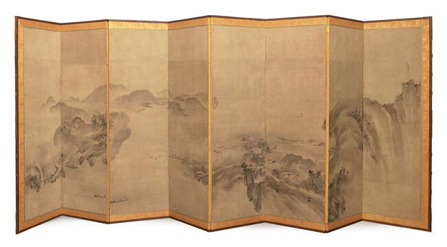 A Pair of Japanese Eight-Panel Screens, After Sesson Shukei, 17th century, ink on paper, each...