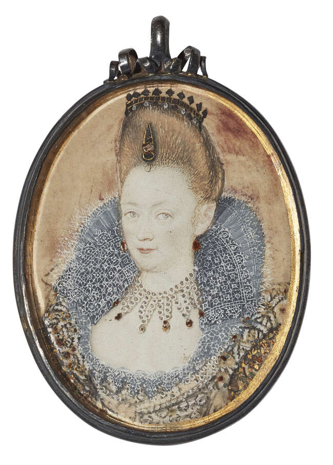 
	
		Circle of Isaac Oliver, 
		English c.1556-1617- 
		 
		Portrait miniature of a lady,...