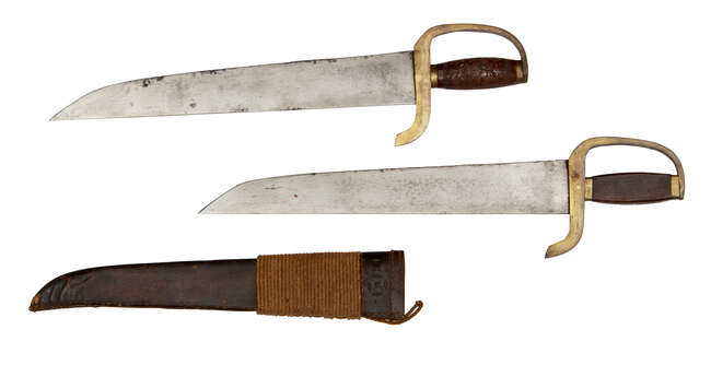 
	
		A Chinese wing chun bart cham dao (butterfly sword), 19th century, the wooden grips...
