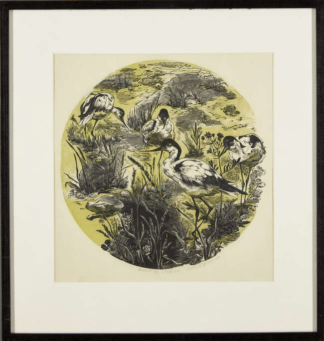 
	
		Gertrude Hermes OBE RA,
		British 1901-1983-
		 
		Avocets, 1952;
		wood engraving with...