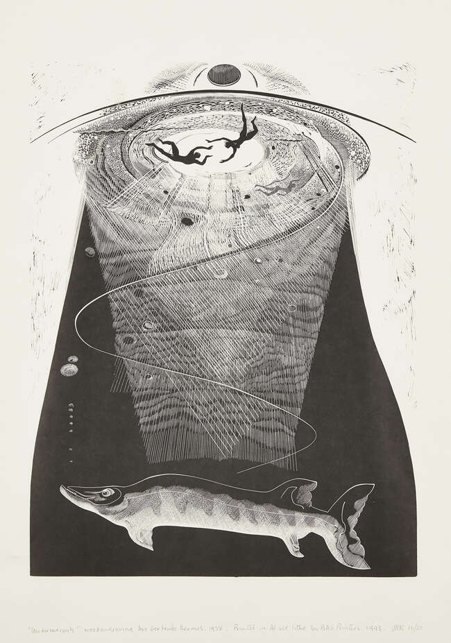 
	
		Gertrude Hermes OBE RA,
		British 1901-1983-
		 
		Avocets, 1952;
		wood engraving with...