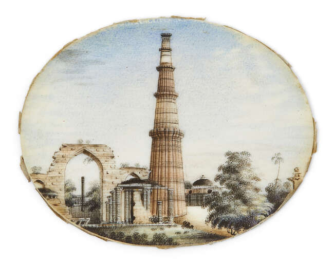 
	
		A miniature painting on ivory of the Qutub Minar, Delhi, India, circa 1830, of oval...