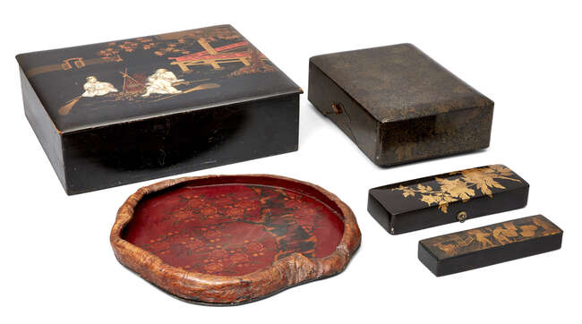 
	
		A collection of Japanese lacquer ware, 19th century, to include a large box inlaid with...