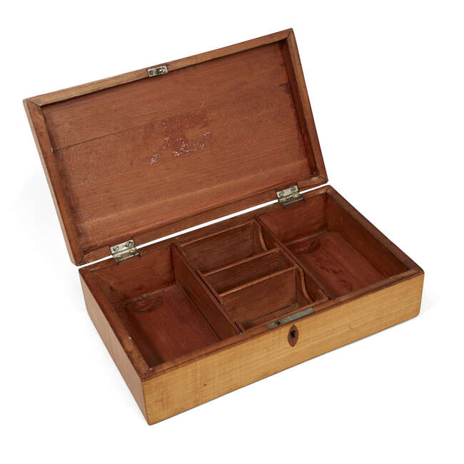
	
		A pale satinwood painted and inlaid rectangular box, 19th century, with divided writing...