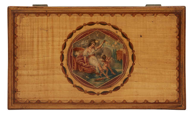 
	
		A pale satinwood painted and inlaid rectangular box, 19th century, with divided writing...