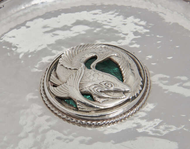 
	
		A George V Arts & Crafts style silver and enamel &#39;Queen&#39;s Fish Tray&#39; dish, mark of Omar...
