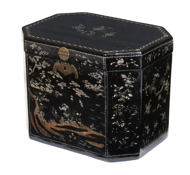 A Chinese abalone inlaid black lacquered tea chest, last quarter 19th century, of octagonal...