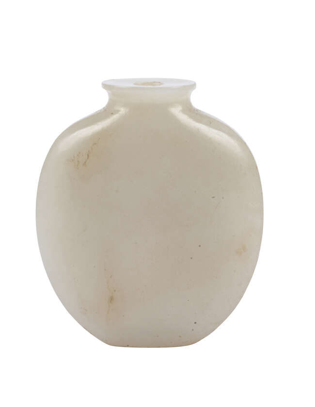 
	
		A Chinese pale green jade snuff bottle, mid-19th century, of flattened oval form, with...