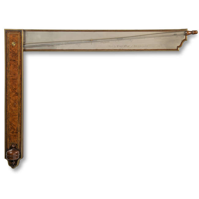 
	
		A George II brass-mounted walnut angle barometer, by Charles Orme, Ashby-de-la-Zouch,...