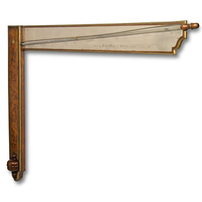 
	
		A George II brass-mounted walnut angle barometer, by Charles Orme, Ashby-de-la-Zouch,...