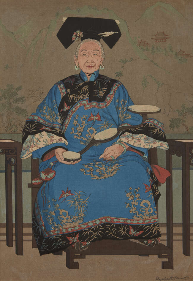 
	
		Elizabeth Keith, British 1887-1956, Manchu Lady and Manchu Official, 1925, two woodblock...