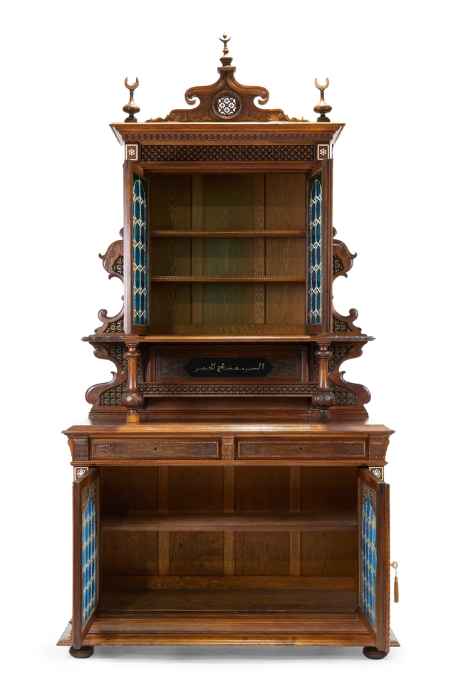 A stained glass and wood cupboard, Possibly workshop of Giuseppe Parvis, Cairo, Egypt, retailed...