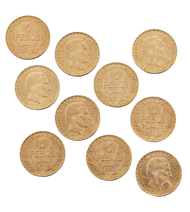 
	
		Ten Uruguay gold 5 peso coins, 1930

	


