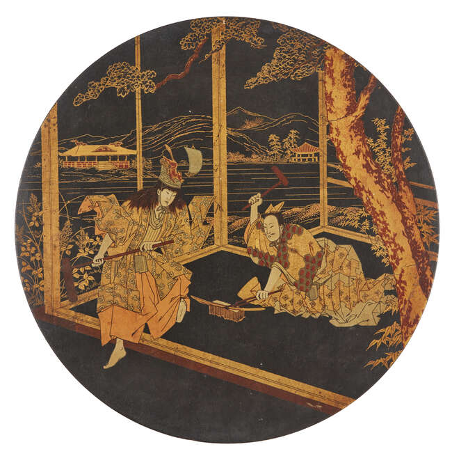 
	
		A Japanese circular lacquer panel, 19th century, finely decorated with swordmakers...