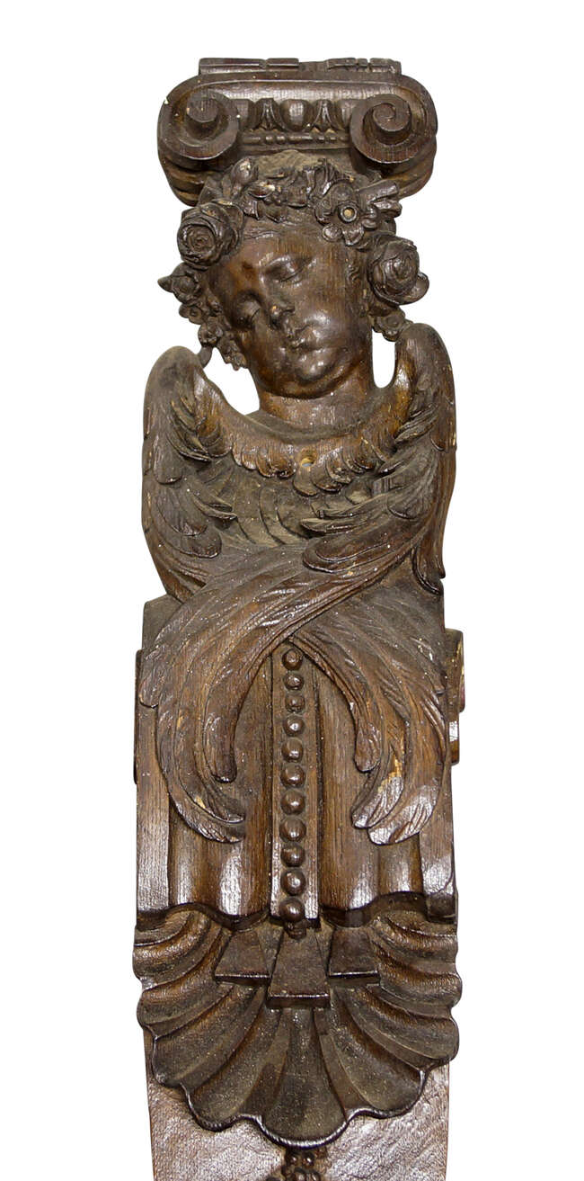 
	
		A pair of Continental carved figural oak pilasters, 19th century, with angel heads with...