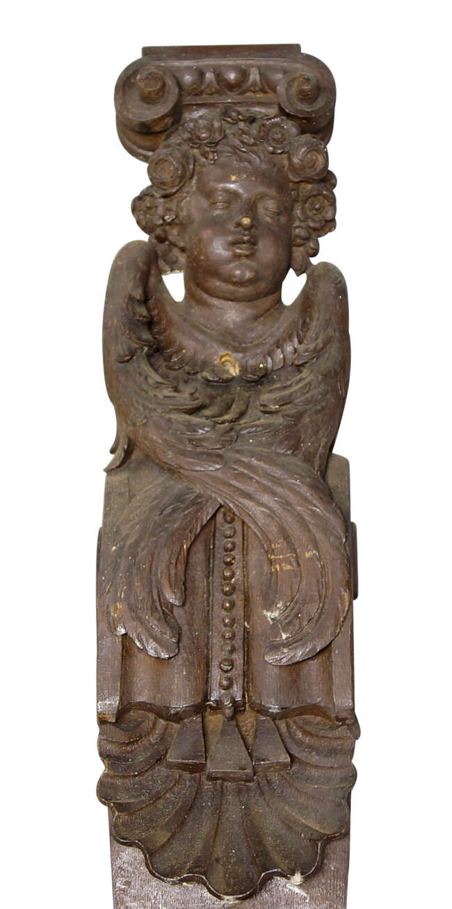 
	
		A pair of Continental carved figural oak pilasters, 19th century, with angel heads with...