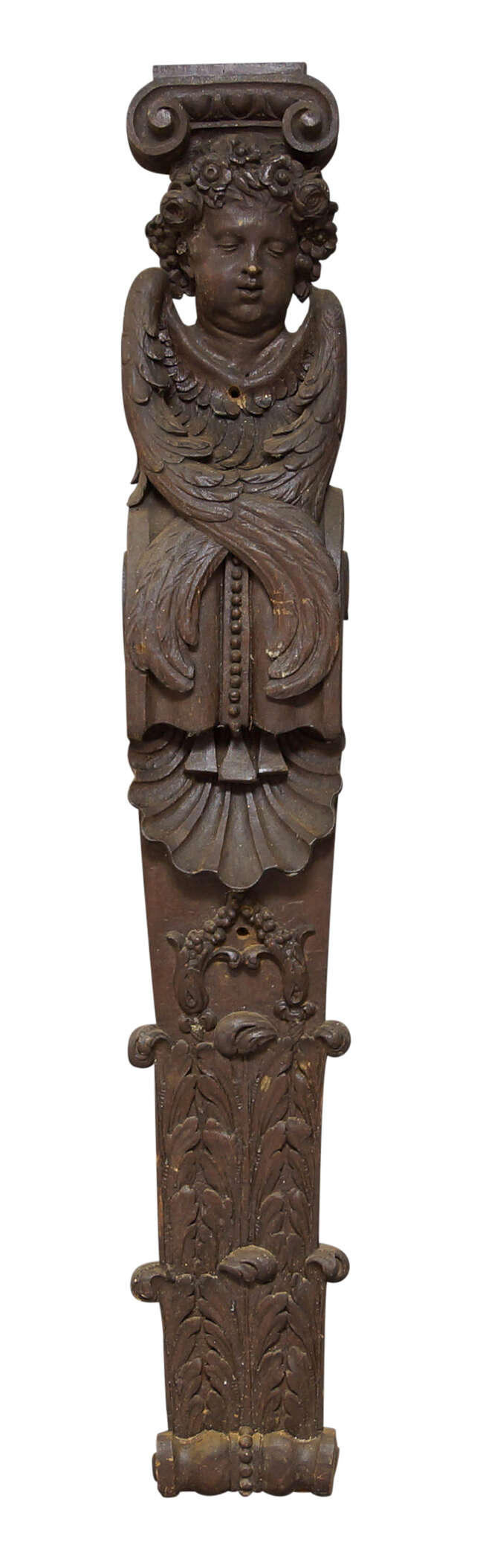 
	
		A pair of Continental carved figural oak pilasters, 19th century, with angel heads with...