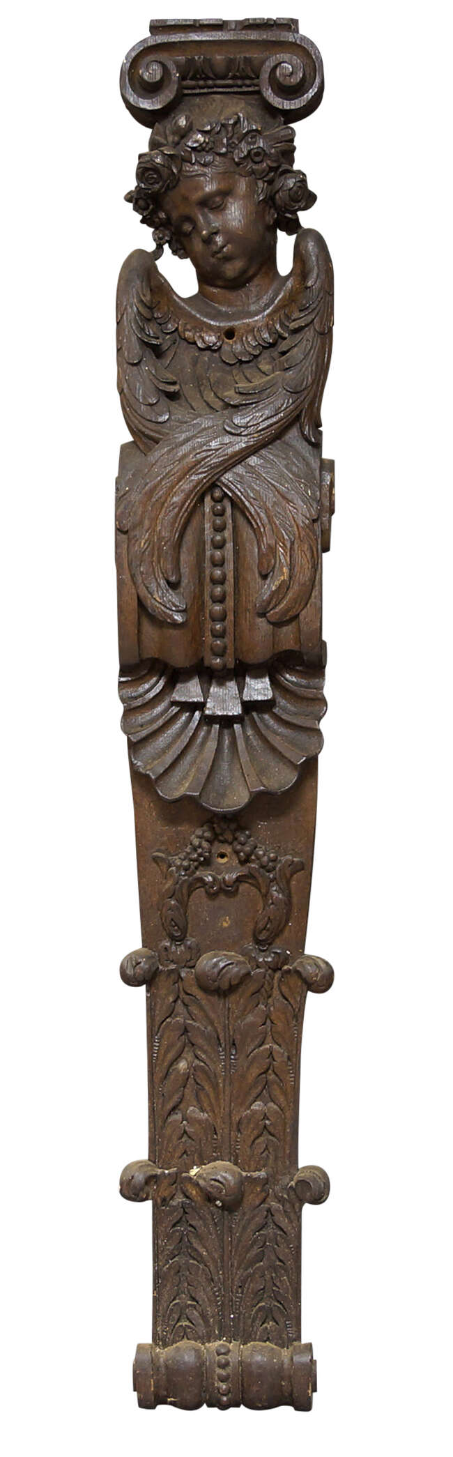 
	
		A pair of Continental carved figural oak pilasters, 19th century, with angel heads with...