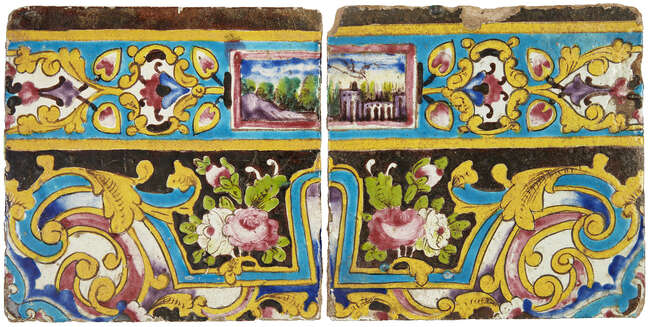 To Be Sold With No Reserve
Two Qajar polychrome decorated pottery tiles,
Iran, 19th century,
