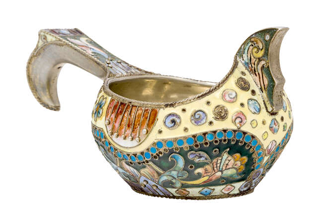
	
		An early twentieth century Russian silver and cloisonné enamel kovsh, possibly by the...