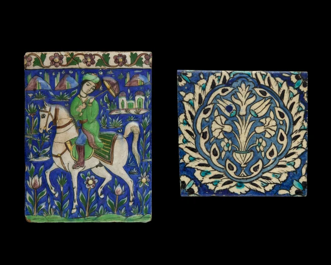 A blue, white, black and possibly manganese pyriform pottery bottle, Qajar Iran, 19th...