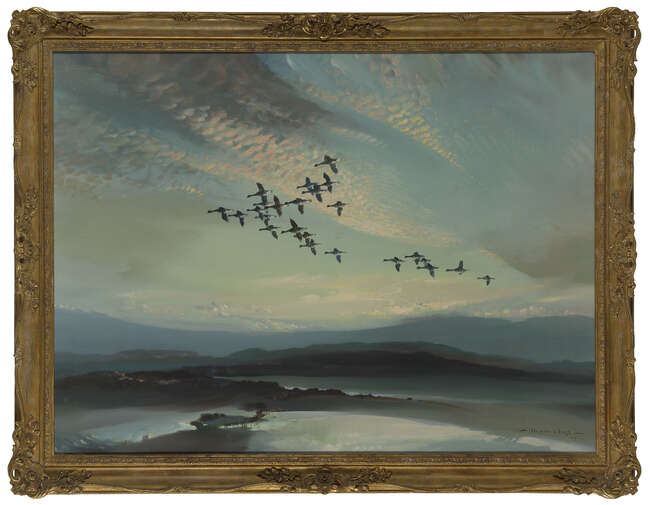 
	
		Vernon de Beauvoir Ward ARBA, 
		British 19051985 - 
		 
		Geese in flight at sunset,...