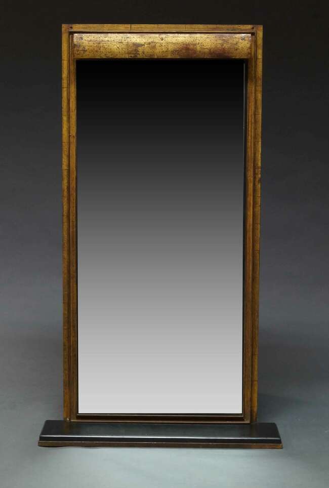 
	
		An industrial hall mirror / shelf, c.1930s-40&#39;s, the patinated cast iron frame with strip...