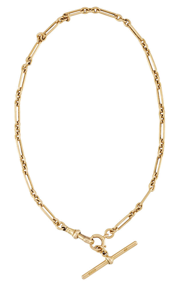 
	
		An 18 carat gold Albert watch chain, of fetter and three-link design, 37.5cm long,...