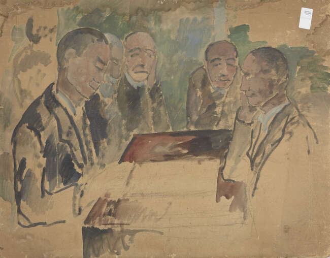 
	
		Harry Phelan Gibb, 
		British 1870-1948 - 
		 
		Pastoral scene, 1916 (with &#39;Five Men...